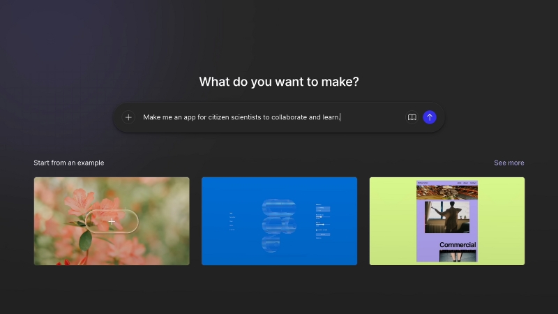 Figma interface homepage with a prompt asking what you want to make and example project templates below