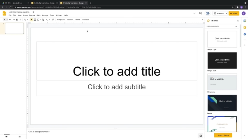 Google Slides interface with a blank presentation and theme options on the right side