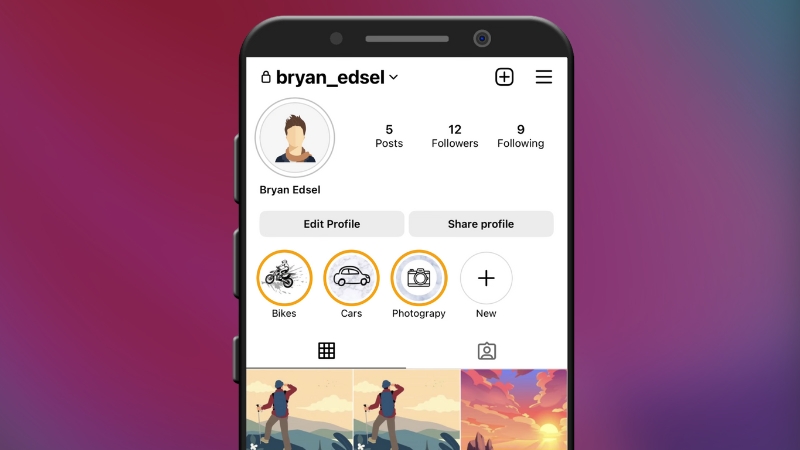 Instagram profile preview with clean Instagram highlight covers using simple icons and consistent colors