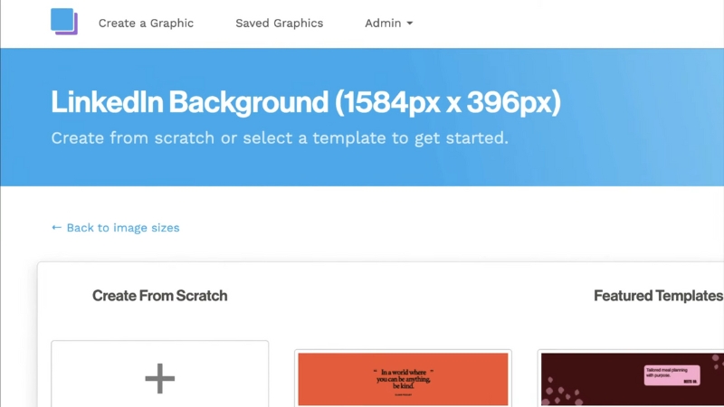 Interface screen show LinkedIn banner size set to 1584 × 396 pixels inside a design tool for profile background creation